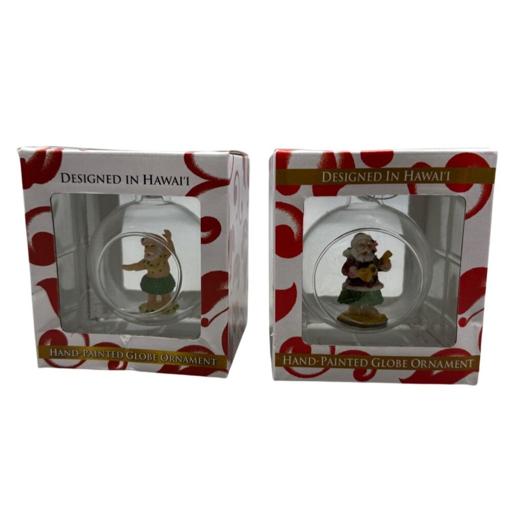 Hand-Painted globe ornament designed in Hawaiian Christmas Set Of 2 Santa READ